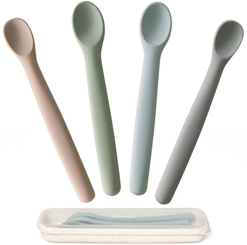 Moonkie Cucchiaino Silicone Neonato(4 PSC), Posate Svezzamento, Cucchiaino per Bambini, Cucchiaio Morbidio per Prima Fase del Neonato, Perfetti per l'Autoalimentazione e Svezzamento Neonati