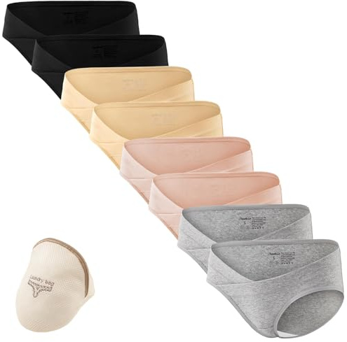 Angelhood Cotton Maternity Underwear Under Bump, Healthy Pregnancy Panties Postpartum Underwear 8 Pack with Laundry Bag