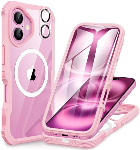 CENHUFO Funda Magnética iPhone 16, [Compatible con MagSafe] Integrado 9H HD Cristal Templado Protector Pantalla y Protector cámara, 360 Grados Antigolpes Carcasa Militar Capa Doble Cara Case -Rosa