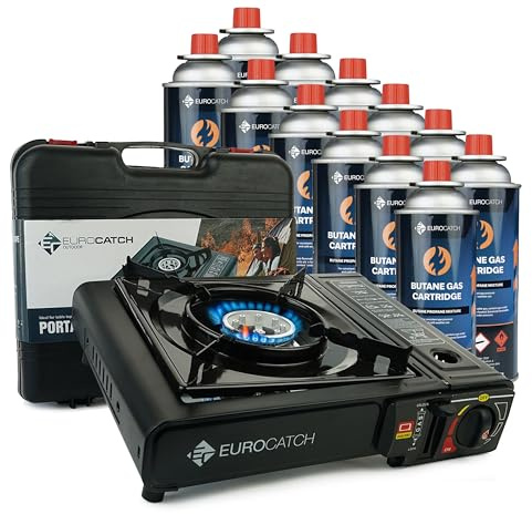 Eurocatch Cuisinière à gaz - Incl 12 cartouches de gaz - Poêle à gaz - Réchaud de camping - Broche à gaz - Cuisinière - cooker - Valise de transport