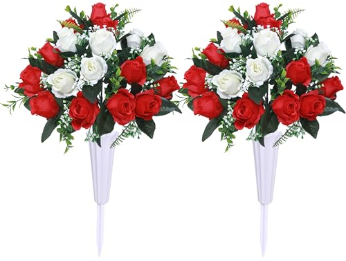 Hibsotco Set of 2 Artificial Cemetery Flowers with Vase,Grave Memorial Day Flowers for Cemetery Headstones Gravesites (Red,White)