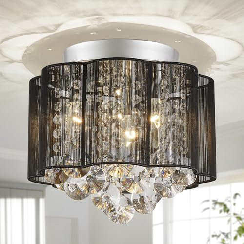 SHRINE LIGHTING Lustre en cristal, design moderne, suspension en forme de tambour parfaite pour les pièces à vivre, nécessite 3 ampoules E14, diamètre 30 cm x hauteur 16 cm, abat-jour en tissu noir