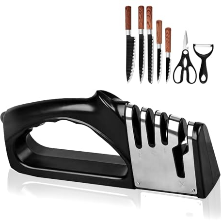 Aiguiseur Couteaux Professionnel à 4 Niveaux, Affuteur Couteau Manuel, Eguiseur Avec Base Anti-dérapante, Acier Au Tungstène Aiguiseur Couteau, pour Couteaux de Cuisin E Ciseaux couteau à fruits