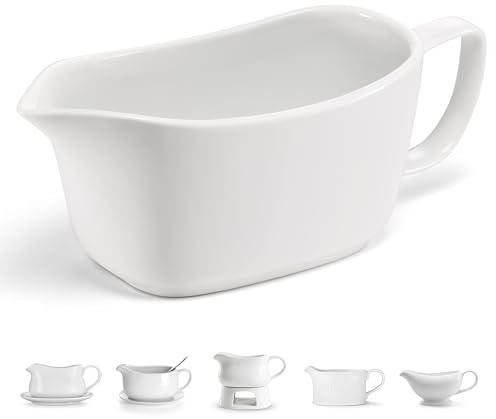 Kook Gravy Boat, Ceramic Serving Dish, Dispenser for Sauces, Dressings and Creamer, Large Handle, Microwave and Dishwasher Safe, 14 oz, White