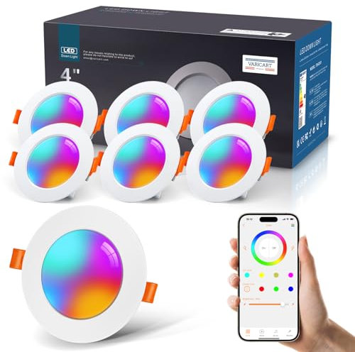VARICART Smart LED Downlights for Ceiling Alexa, 10W Bluetooth RGB Colour Changing Spot Lights 2700K-6000K, Dimmable Recessed Ceiling Lights, APP Control for Living Room Bedroom Kitchen, 6 Pcs