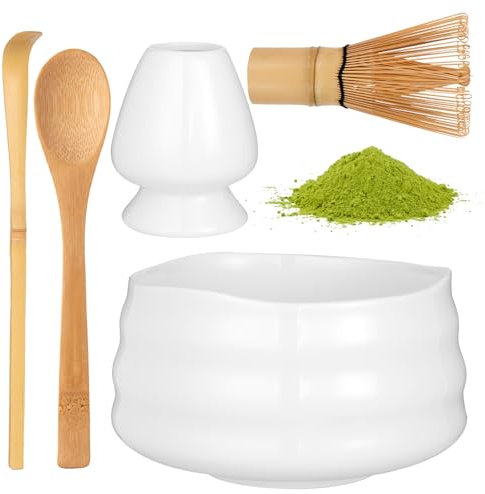 Zanfqvo Te Matcha Kit - Matcha Set 5 Piezas con Chasen Bambu Matcha, 2 Cucharas de Matcha, Porta Batidor y Cuenco te Matcha - Accesorio de Ceremonia de Matcha Japonés (Blanco)