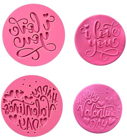 PTaizjjz 2PCS Valentine Cookie Stamp Cookie Cutters,Acrylic Round Cookies Cutters,Happy Valentines Day,I Love You,3D Design Cookie Embosser for Valentine Baking & Decorating