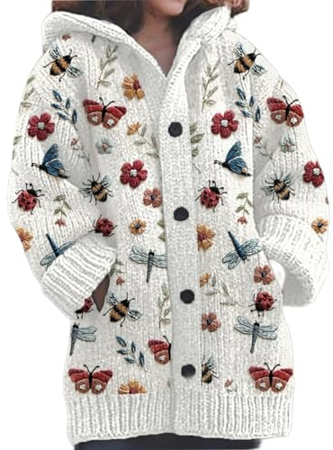 Mfhmom Cárdigan Largo Mujer Estilo Noruego con Capucha Elegante Cuello en V Cardigan 3D Estampado Digital Oversize Otoño Invierno Abrigo Punto Suéter Navideño con Botones