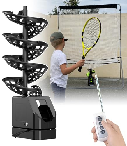 QIeCny Lanciapalle da Tennis Automatico (Telecomando), Macchina per Il Lancio di Palline da Tennis (33 Palline), Frequenza di Lancio Regolabile, Durata della Batteria di 10 Ore,Black