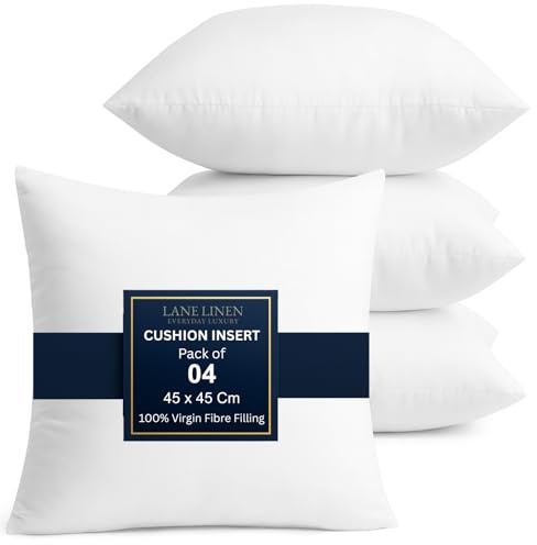 LANE LINEN Cushion Inserts (Pack of 4) – Throw Pillow Inserts 45x45 cm (18x18 inch) Hollowfibre Inner Pads for Sofa or Bed – White Cushion Fillers