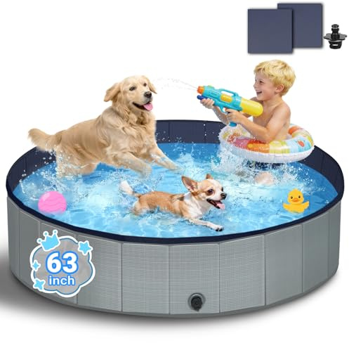 Bamda Foldable Dog Pool - 63 Kiddie Pool with Hard Plastic - Non-Slip Thickened Bottom Portable Dog Swimming Pools for Large Dogs, Multiple Pets & Kids(Gray)