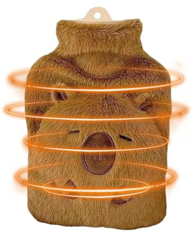 Värmeflaska – 1 000 ml 25 x 18 cm Capybara värmeflaska, läckagesäker varmvattenflaska, plyschöverdrag, långvarig värmeisolering, komfortvärmare | inre kärna, mjukt överdrag, värmedispenser