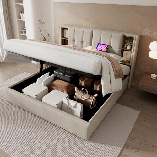 Super King Size Ottoman Bed with Hydraulic Lever & Storage Headboard,6ft Upholstered Platform Bed Frame with USB Tyep-C Wireless Charging,Gas Lift Up Fabric Storage Bed with Slats,Natural,No Mattress