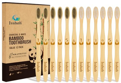 Isshah Biodegradable Eco-Friendly Natural Bamboo Charcoal Toothbrushes, FSC Certified and PETA Approved - 12 Count