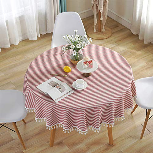 meioro Round Tablecloths Striped Fringe Tablecloth Cotton Linen Table Cover Suitable for Home Kitchen Decoration,Various Sizes (Red/White Stripes,Diameter 100cm)