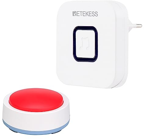 Retekess TH004 Allarme Paziente Cercapersone Rosso Badante Pulsante Antipanico Facile Trovare Premere Segnale Parete Incrociata 433 MHz 52 Melodia Regalo per Anziani Chiamata Emergenza Sicurezza