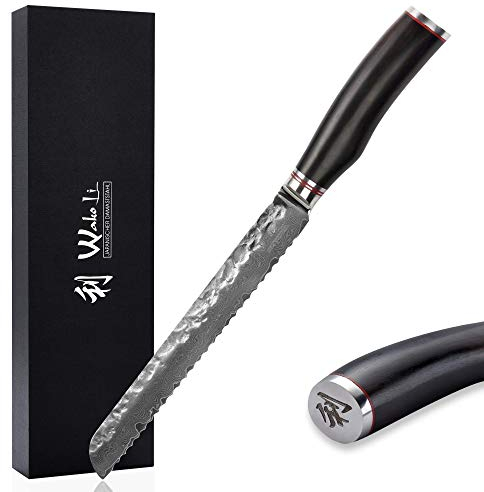 Wakoli EBO Brotmesser Damastklinge 20 cm Küchenmesser mit Wellenschliff und Hammerschlag aus 67 Lagen Damaststahl und VG10 Kern I Schwarzer Eichenholzgriff I Brotschneidemesser in Geschenkbox