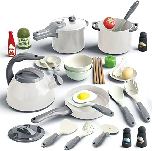 Bruvoalon 32Pcs Kids Play Kitchen Toys Set, Toddlers Pretend Cooking Playset Acccessories with Pots Pans, Utensils Cookware, Foods, Canned Veges, Learning Gift for Kids Girls Boys (White)