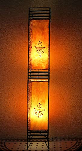 Saharashop Orientalische Stehlampe, Marokkanische Lampe Henna-Koutoubia 127 cm Leder Natur, Romantische Lampe mit Henna Verzierung Orange-Rot