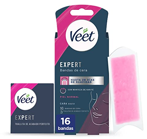 Veet Expert Fasce di cera fredda depilatoria per la depilazione del viso, adatto per labbro superiore (Bigotte), con burro di karitè, 16 strisce