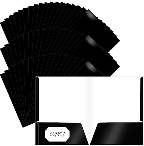 Jutom 50 Pcs 2 Pocket Glossy Paper Folders Glossy Paper Laminated Portfolios, Letter Size, Presentation Folders with Pockets for Office Teacher Worker Supplies(Black Color)