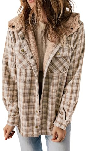 Dokotoo Shacket Jacket Women Fashion Winter Clothing for Women Plaid Oversized Hooded Long Sleeve Flannel Shirts Button Up Sherpa Coats Pocketed Casual Fall 2025 Thick Fleece Lined Outerwear Khaki L