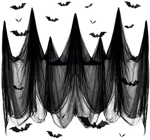 SHIYOUO Halloween Deko Stoff 215 * 800CM mit 12 Fledermaus Aufkleber, Schwarze Gruselige Stoffe, Schwarzes Spinnennetz Baumwollgarn Halloween Party Spukhaus Gruselige Dekoration
