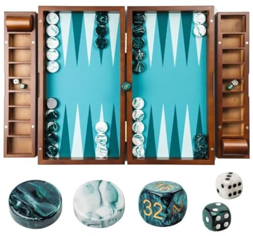 Pointworks 20 Inch Large Backgammon Sets for Adults, Green Backgammon Board, Solid Wood. Removable Accessory Tray, Premium 1.5 Inch Checkers & Dice Set, Backgammon Game Set Backgammon Table