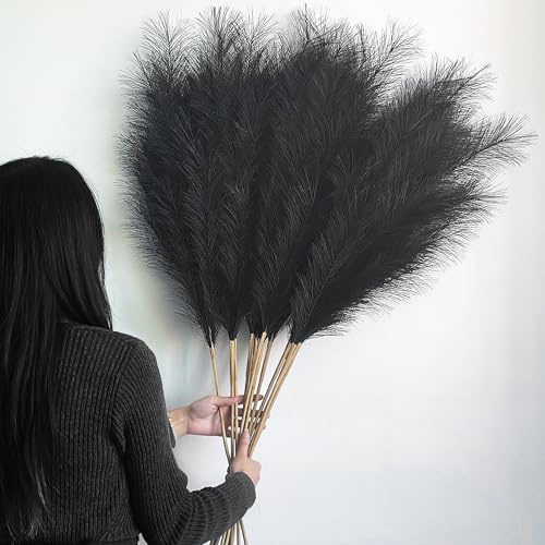 12 Piezas Pampas Secas Decoracion Artificial,115cm/ 45Inch Hierba de Pampas Grandes Artificial, Flores Secas Decoracion para Jarrones,Mesa,Bodas,Boho Decor (Negro)