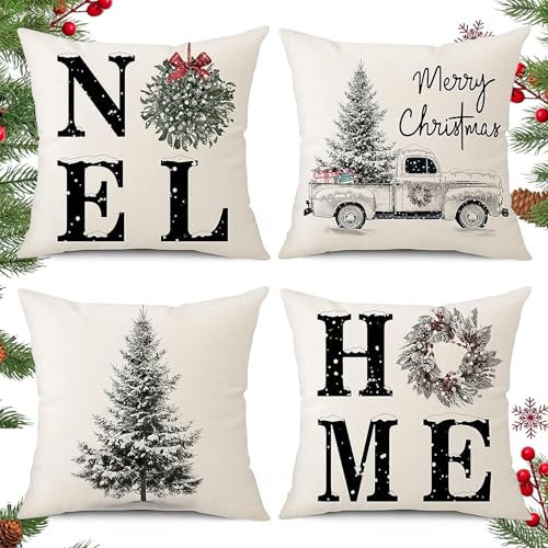 PQETBV Weihnachten Kissenbezüge 45x45 4er Set Weihnachten Kissenbezüge Leinen Deko Kissenhüllen für Winter Zierkissenbezug Couch Wohnzimmer Deko