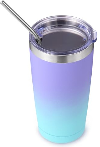 Volhoply 600ml（20oz） Thermobecher mit Deckel und Strohhalm,Doppelwandiger isolierter Reise-Eiskaffeebecher Passend für Tassenhalter,Becher für heiße und kalte Getränke,(Violett Bule,1)