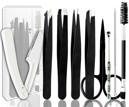Muzioiernsu Tweezers Kit Tweezer for Women Facial Hair Removal Tweezers Professional Tweezers Set Eyebrow Tweezer, [9+1 PCS] Professional Stainless Steel Eyebrow for Women &Men,Black Beauty Sets