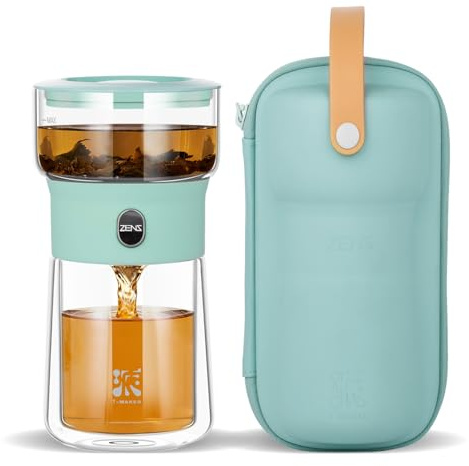 ZENS Modern Glass Infuser Teapot, Small One Touch Tea Pot Infusers for Loose Tea Diffusers, Magic Gongfu Tea Pot with 200ml Insulated Cup and Portable Carry Case for Tea Lovers Gifts