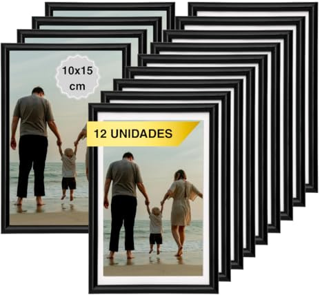 MARCOFOTO Set de 12 Marcos de Fotos 10x15 cm – Marcos de PVC Color Negro con Cristal – Para Cuadros, Fotos o Laminas – Decoracion de Pared en Hogar, Oficina, Negocio o Regalo