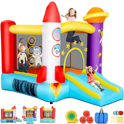 Whubefy Inflatable Bounce House with Slide for Kids, Indoor Outdoor Family Fun with Jumping Area, Throw Ball Game, Fun Photography & Basketball Rim, 106 x 71 x 83 Rocket Astronaut Theme Bouncy Castle