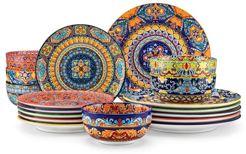 Juego de Vajilla para 6 Personas Cerámica, vancasso KRVI 18 Piezas Vajilla Moderna de Porcelana, Servicio de Mesa Estilo Bohémio, Juego de Platos y Cuencos, Servicio Combinado de Colores