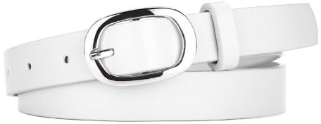 JILLICK Sleek White Leather Belt with Oval Buckle - Adjustable Minimalist Belt for Women, Perfect for Jeans, Dresses and High-Waist Outfits, Thin Skinny Waist Strap for Ladies Daily Fashion Wear
