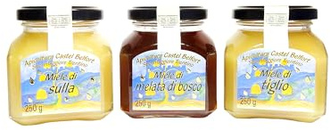 Apicoltura Castel Belfort - Pack da 3x250gr Miele di Sulla, Melata di bosco, Tiglio 100% Italiano, Lavorato a Freddo, Miele Artigianale, Ideale per Merende, Formaggi e Dolci,