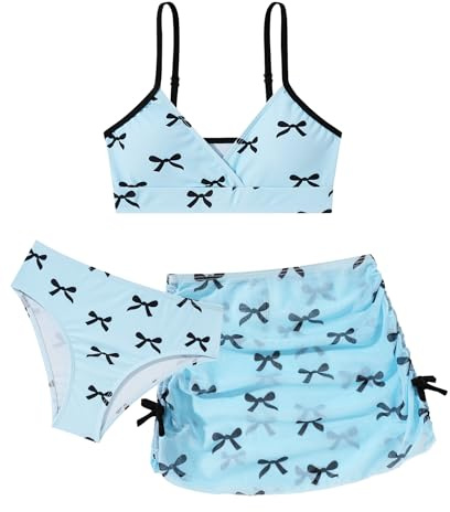 SEAUR Girls Three Piece Swimsuit Comfortable Bow Bikini with Skirt Set Girls Swim Costume Spaghetti Strap Blue 8-9 Years
