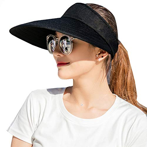 CAMOLAND Damen Sun Visor Kappen Großes Rand-Sommer-UV-Schutz-Strand Cap Eine Grösse passt allen Schwarz
