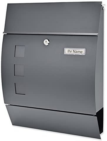 Verda Briefkasten XL mit Zeitungsfach (45x35x10 cm) Modern Postkasten Designer Wandbriefkasten Sichtfenster, Anthrazit, Zeitungsrolle, Namensschildhalter, abschließbar SN3651-1