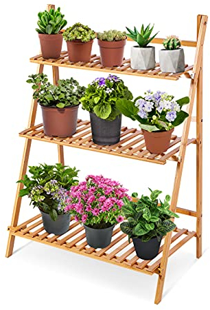 Blumentreppe, 3 Ebenen Pflanzentreppe Bambus Faltbare Blumenregal Blumenleiter Holz Regal Blumenständer Blumenampel Für Balkon Wohnzimmer Garten Terrasse Kleine Veranda (Holzfarbe)