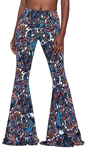 Nuofengkudu Femme Long Legging Pantalon Evase Taille Haute Hippie Fleurie Imprime Pants Disco Danse Fête