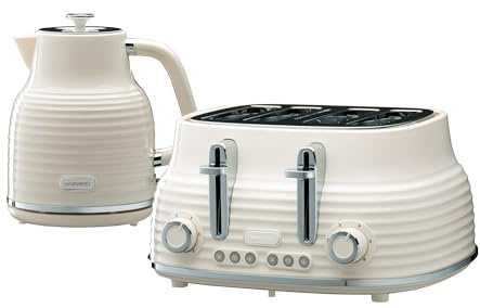 Daewoo Sienna Kettle and Toaster Set, 1.7L 3KW Rapid Boil Kettle & 4 Slice Wide Slot Toaster, Defrost, Reheat, Browning Control, Stylish Cream Breakfast Bundle