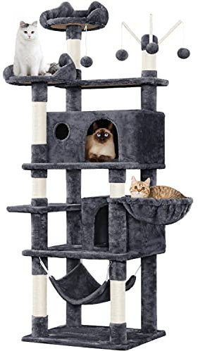 Yaheetech Cat Tree for Indoor Pets, Large Cat Tower Pet Scratching Post Multi-Level Kitten Condo Play House Climbing Tree with 3 Removable Kiten Teaser Sticks, Hammock, Basket, Pet Furniture Dark Grey