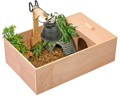 KCT Small Wooden Tortoise Table Reptile Vivarium Cage Hide with Open Run and Lamp Arm