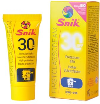 Snik FIRST CLASS CREAM | Crema Solare Viso Professionale Montagna, Sci, Sport Estremi | Esposizione Prolungata al Sole | BIOLOGICA con CAROTENE | SPF 30 Protezione Alta UVA+UVB | Tubetto 20 ml.