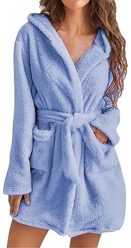 Cihdmfb Fleece Bademantel mit Kapuze Damen kurz Plüsch Bademantel Winter Einfarbig Warme Morgenmantel Damen leicht flauschig Bademäntel süß kurz Hausmantel mit Taschen(B Blau,S)