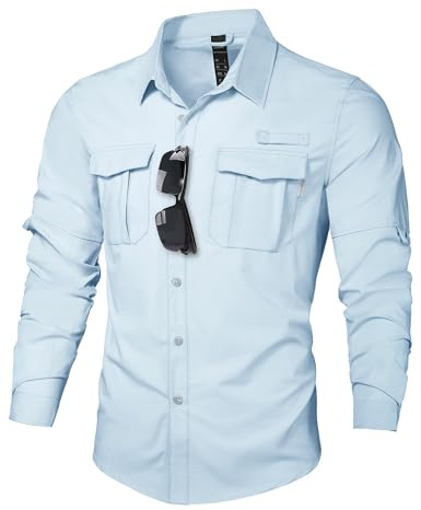 Haimont Men's UPF 50+ Fishing Shirts Long Sleeve Sun Protection Shirt for Travel Camping Hiking Waterfall Blue L