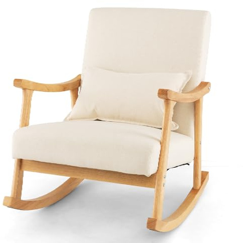 RELAX4LIFE Rocking Chair, Upholstered Relaxing Recliner Armchair with Soft Cushion & Lumbar Pillow, Leisure Rocker Lounge Chair for Living Room Bedroom (Natural+Beige,78x66x83cm)